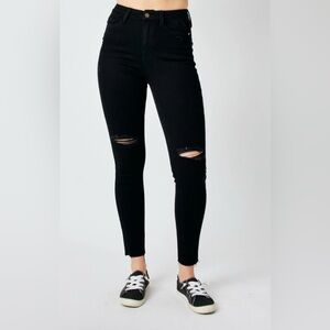 Judy Blue High Waist Heavy Destroy Raw Hem Black Skinny Denim Jeans 88562